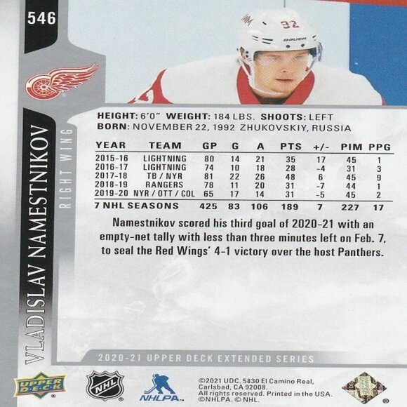 Vladislav Namestnikov - 2020/2021 Upper Deck Extended Series Card - Picture 2 of 2